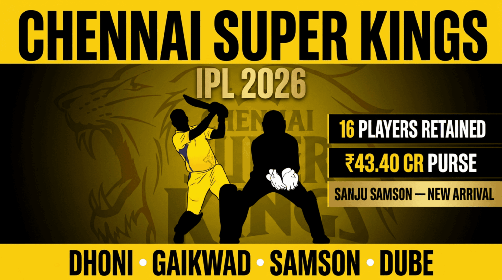 IPL 2026 teams and squads — Chennai Super Kings with MS Dhoni, Ruturaj Gaikwad and new arrival Sanju Samson