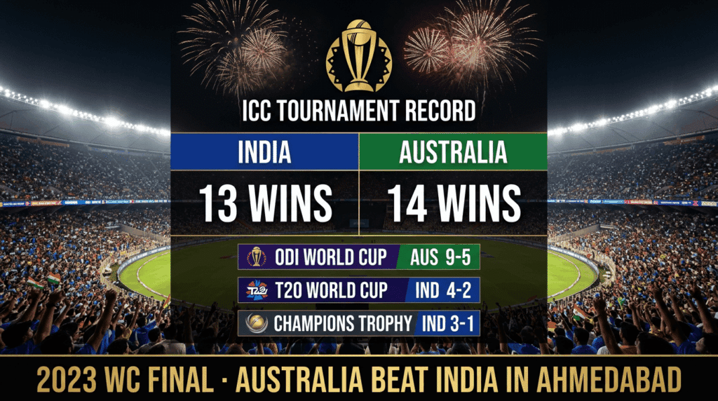 India vs Australia head to head ICC tournament — Australia 14 wins India 13 wins across World Cups and Champions Trophy