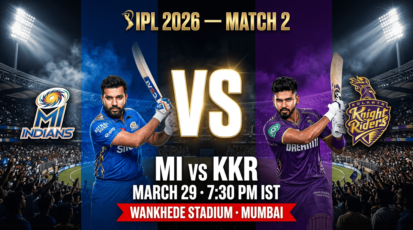 MI vs KKR IPL 2026 Match 2 — March 29 at Wankhede Stadium Mumbai