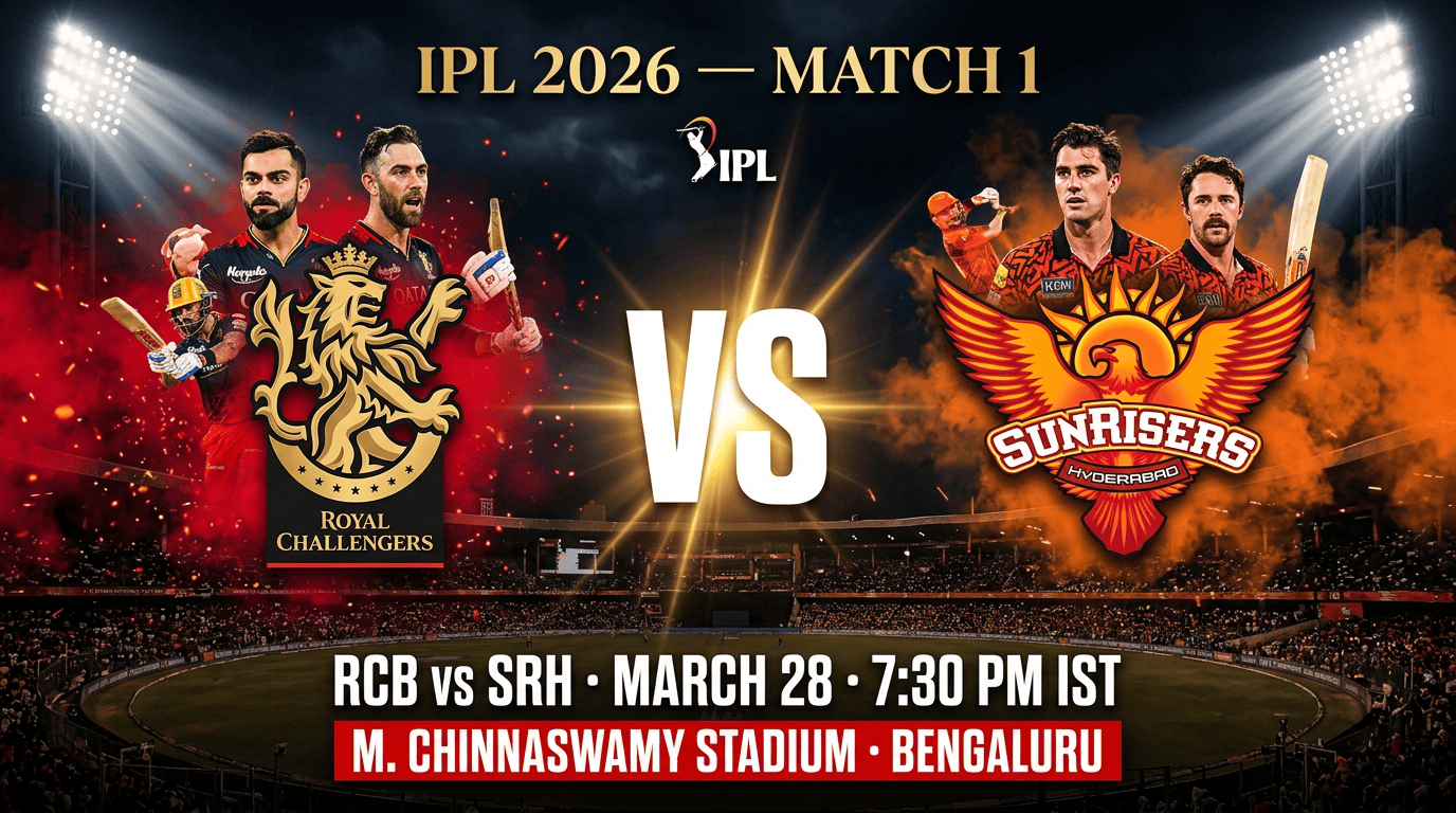 RCB vs SRH IPL 2026 Match 1 — March 28 at M. Chinnaswamy Stadium Bengaluru