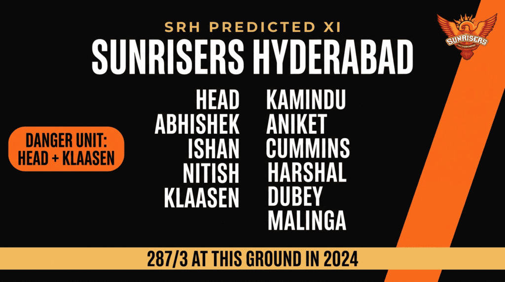 SRH predicted XI IPL 2026 — Travis Head, Klaasen, Cummins for RCB vs SRH match 1 Chinnaswamy
