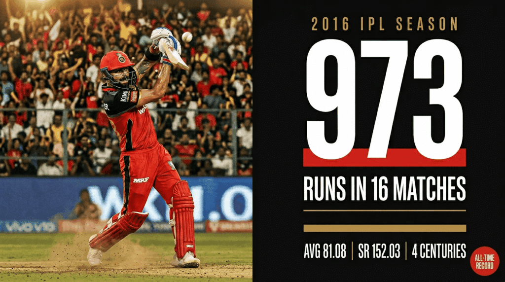 Virat Kohli 2016 IPL season record — 973 runs, average 81.08, 4 centuries