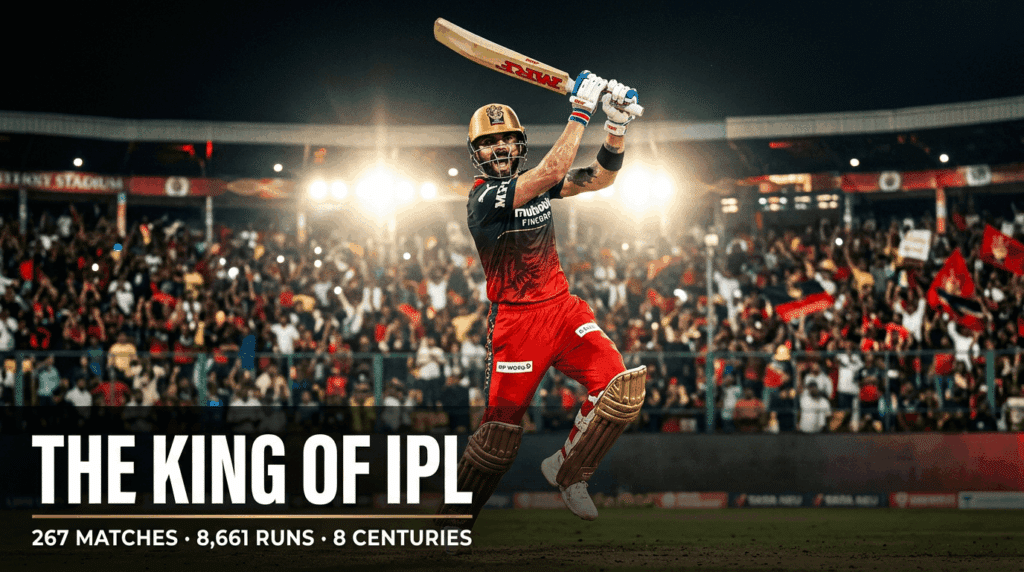 Virat Kohli IPL hero image — 267 matches, 8661 runs, 8 centuries for RCB