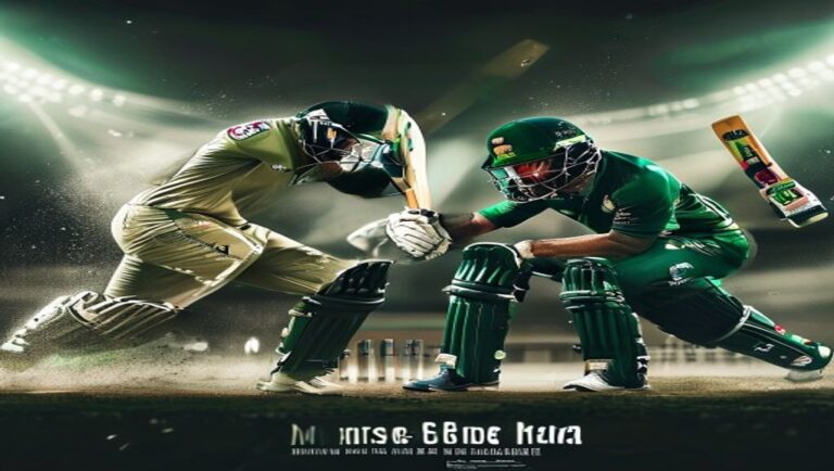Bangladesh fast bowler and New Zealand batter face off with intense stares, dramatic lighting, and vibrant team color...