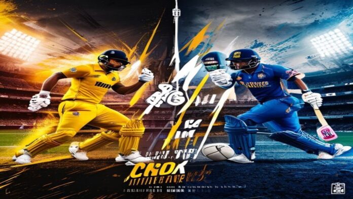 Split rivalry poster for Chennai Super Kings vs Mumbai Indians IPL 2026, with team motifs and Chepauk stadium backgro...