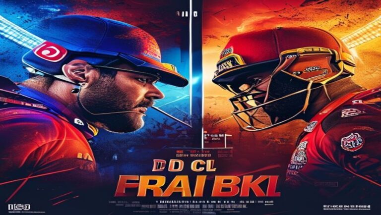 Delhi Capitals and Royal Challengers Bengaluru face-off rivalry poster for IPL 2026, split design with intense player...