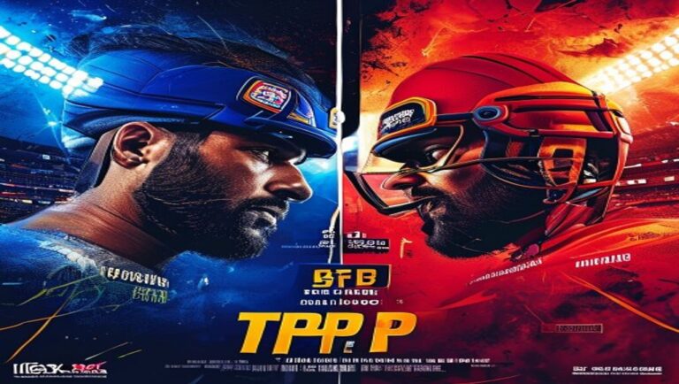 Split rivalry poster: Gujarat Titans blue/gold vs Punjab Kings red, team motifs, editorial match overlays for IPL at ...