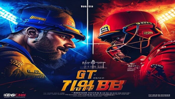 IPL 2026: Gujarat Titans vs Royal Challengers Bengaluru Rivalry Poster Split rivalry poster of Gujarat Titans and Royal Challengers Bengaluru in team colors, facing off under stadium lights.