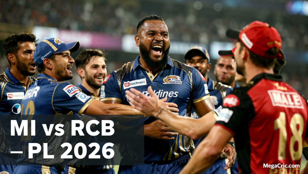 Kieron Pollard celebrates with MI teammates after wicket vs RCB under IPL 2026 floodlights.