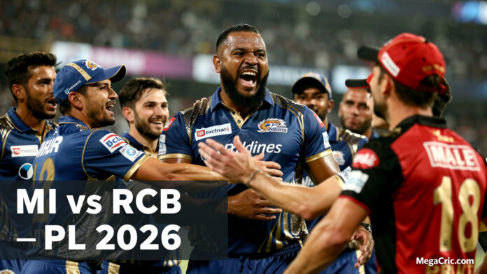 Kieron Pollard celebrates with MI teammates after wicket vs RCB under IPL 2026 floodlights.
