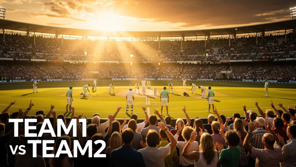 It keeps you young — Vivid ultra-realistic wide shot of a legendary cricket stadium at sunset, golden