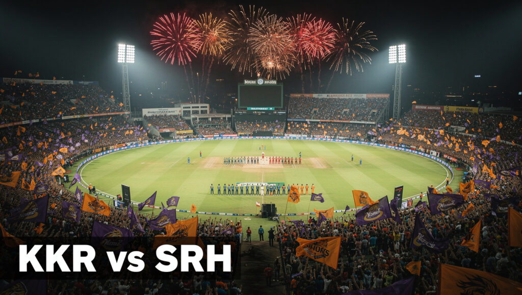 KKR vs SRH IPL IPL 2026 — A dramatic aerial wide shot of Eden Gardens Stadium, Kolkata, at night, with 60,
