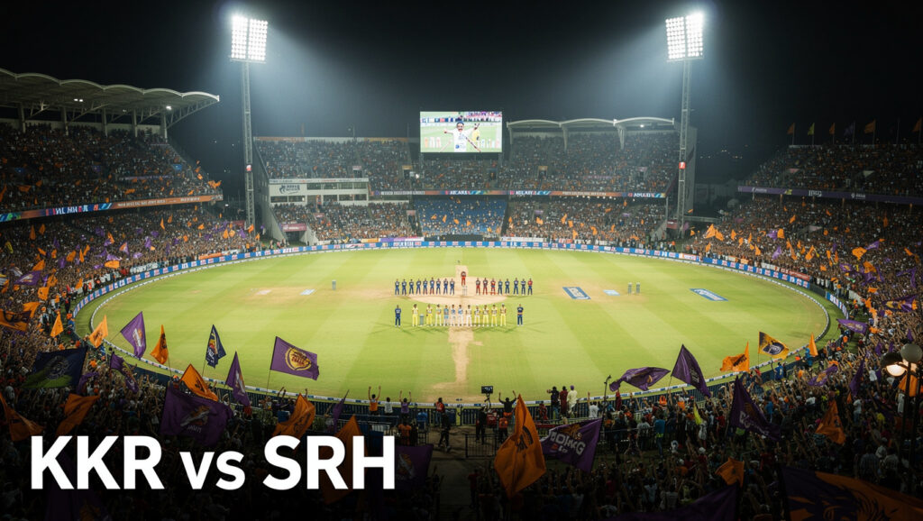KKR vs SRH IPL IPL 2026 — Sweeping aerial view of Eden Gardens, Kolkata, illuminated under dramatic floodl