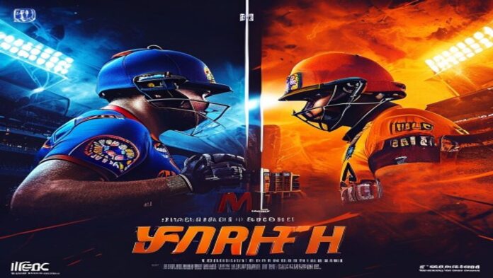 Mumbai Indians vs Sunrisers Hyderabad: IPL 2026 Face-Off Poster IPL rivalry poster: Mumbai Indians and Sunrisers Hyderabad face-off at Wankhede, blue and orange split, night match, ...