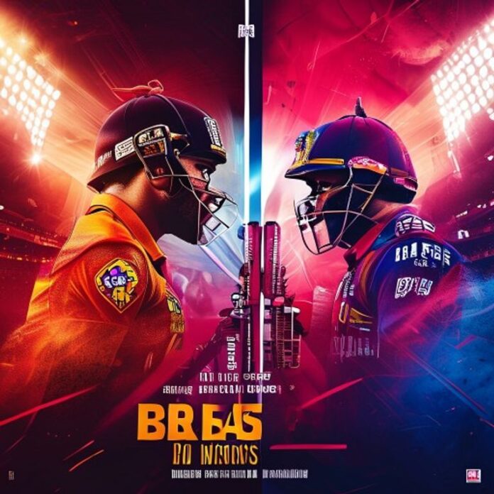 Punjab Kings vs Rajasthan Royals IPL 2026 rivalry poster, split team colors, player silhouettes, stadium lights.