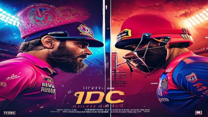 Rajasthan Royals vs Delhi Capitals: IPL 2026 Showdown Poster Rajasthan Royals vs Delhi Capitals split-color rivalry poster, face-off composition under stadium lights, IPL branding.