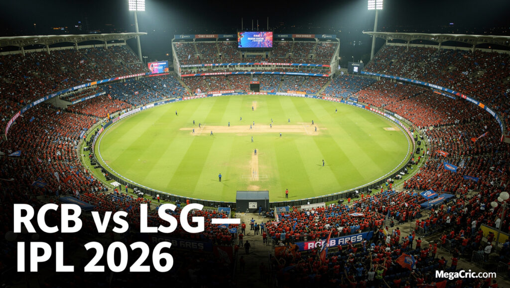 Aerial view of M Chinnaswamy Stadium at night, packed with RCB and LSG fans, IPL 2026 match under floodlights.