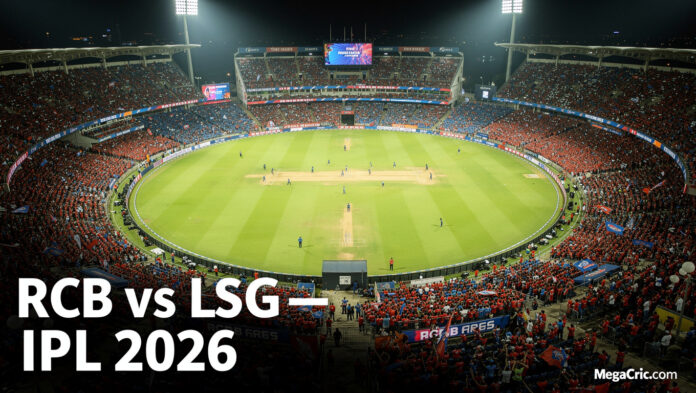 Aerial view of M Chinnaswamy Stadium at night, packed with RCB and LSG fans, IPL 2026 match under floodlights.