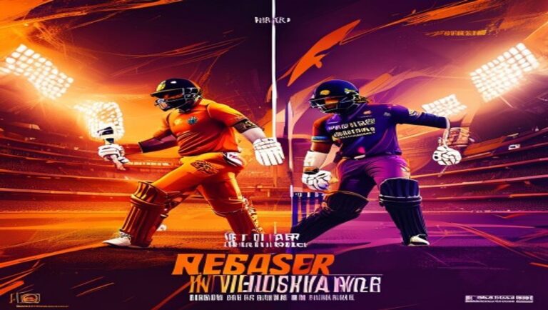 Rivalry poster: Sunrisers Hyderabad vs Kolkata Knight Riders, split-composition in team colors with silhouettes of ba...