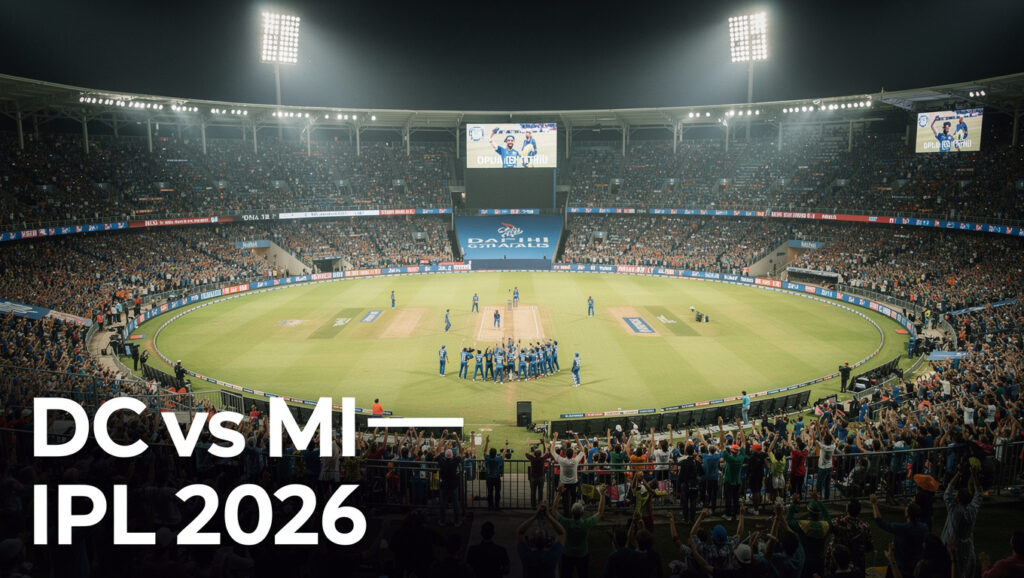 Updated IPL 2026 Points Table Delhi — A sweeping aerial view of Arun Jaitley Stadium, Delhi, lit up for a high-stakes
