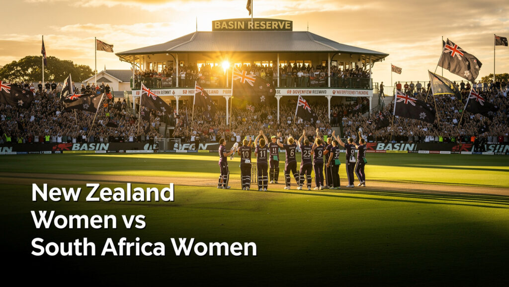 Zealand Women Script History — Sweeping panoramic shot of Basin Reserve stadium, packed with jubilant fans wavi