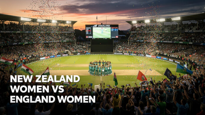 Zealand Women Script History — Sweeping aerial view of a packed cricket stadium in New Zealand as the sun sets,
