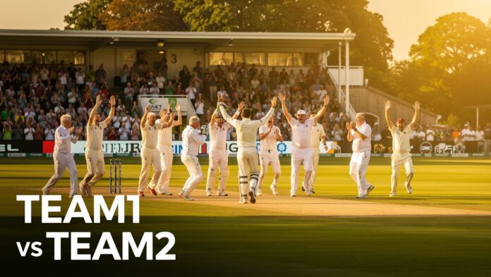 ‘It keeps you young’ — Wide-angle view of a sunlit cricket ground with lush green outfield, energetic m