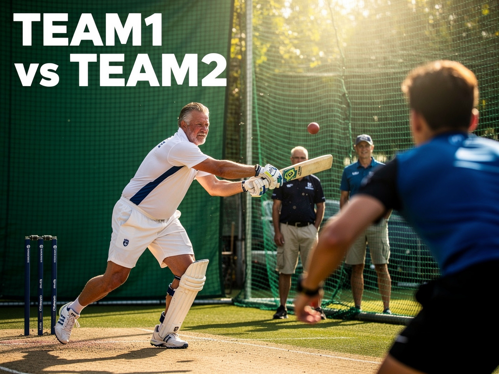 It keeps you young — Ultra-realistic, close-up action shot in the cricket nets: a fit, middle-aged ba