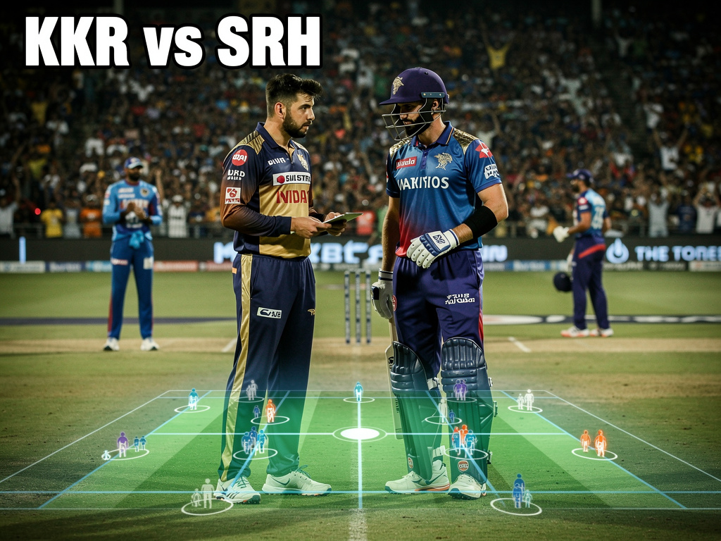 KKR vs SRH IPL IPL 2026 — Tactical, ultra-realistic scene showing SRH captain and KKR bowler in a tense mi