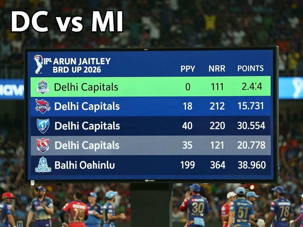 Updated IPL 2026 Points Table Delhi — Ultra-realistic scoreboard close-up inside Arun Jaitley Stadium showing updated
