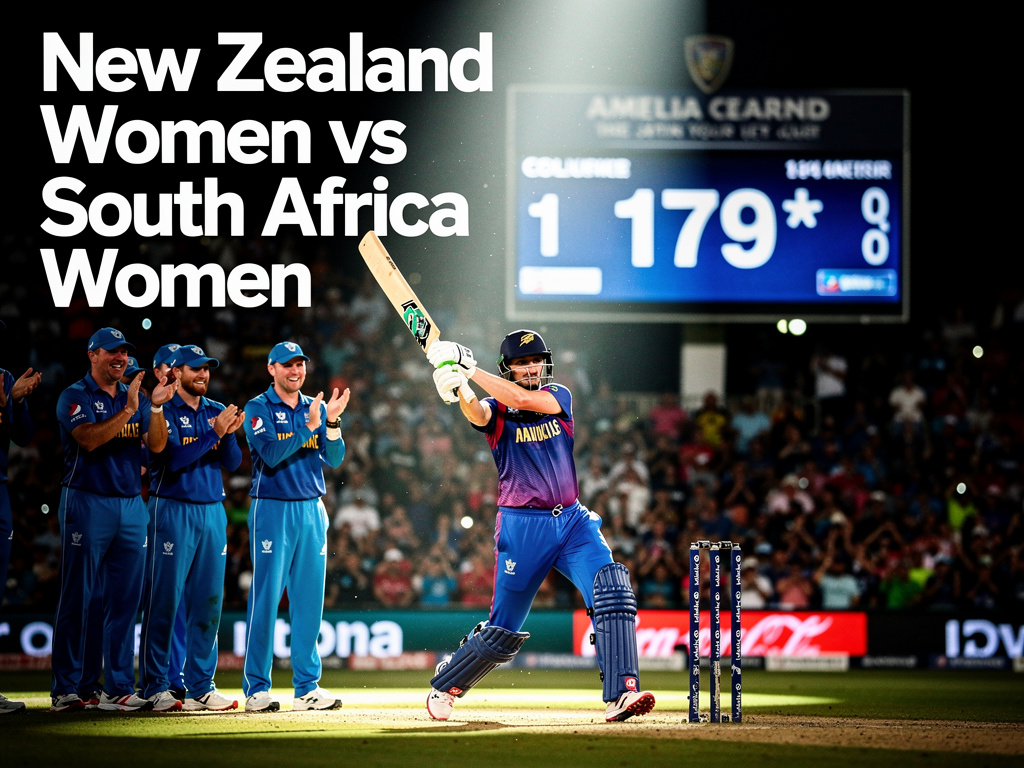 Zealand Women Script History — Intense mid-action shot of Amelia Kerr raising her bat after reaching 179*, team