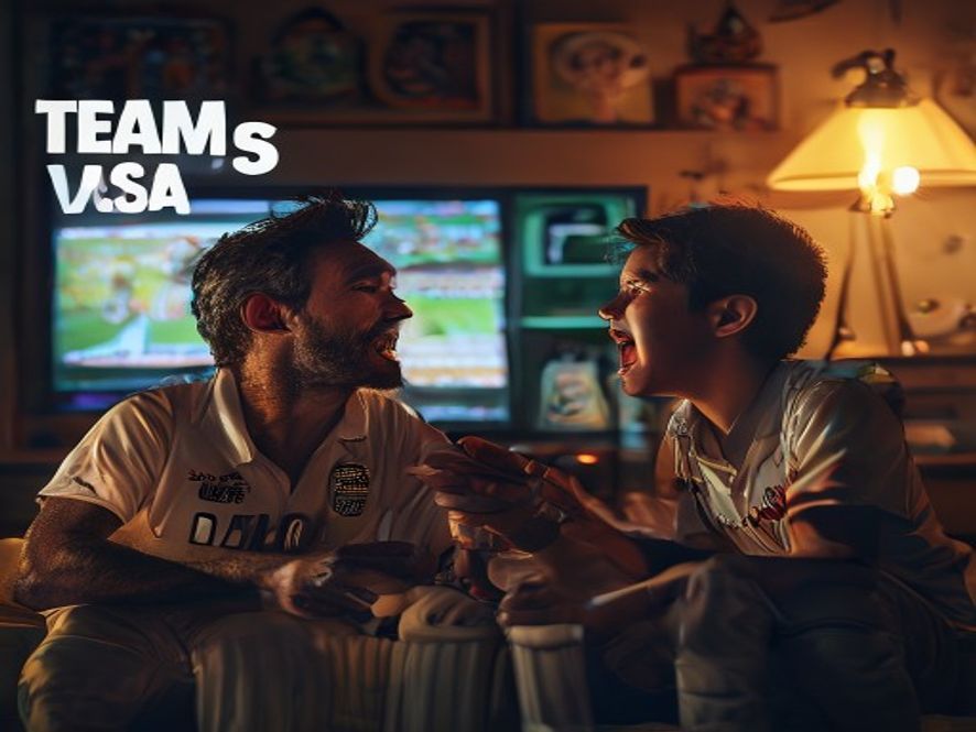 It keeps you young — Ultra-realistic, cinematic shot of a retired cricketer and a child watching a te