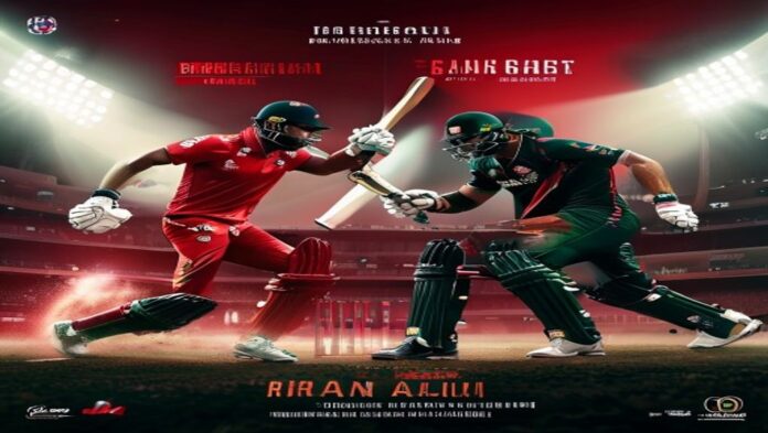 Bangladesh bowler and New Zealand batter face off in a tense star duel, stadium background muted, intense match light...