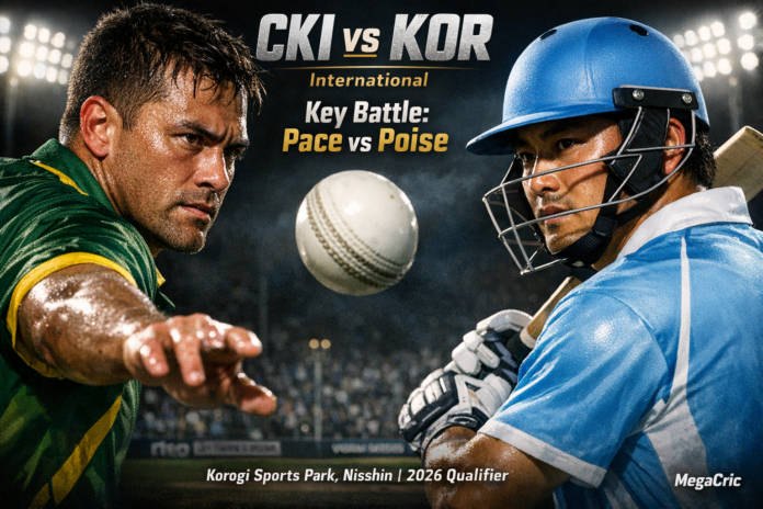 Cook Islands vs South Korea: Star Duel Defines Qualifier Cook Islands fast bowler and South Korea top-order batter in an intense face-off, dramatic lighting, T20 white ball, ...