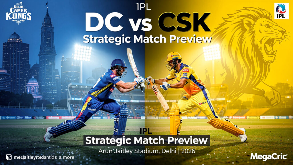 DC and CSK face off in a vibrant IPL rivalry poster, split between blue and yellow, at Arun Jaitley Stadium under flo...