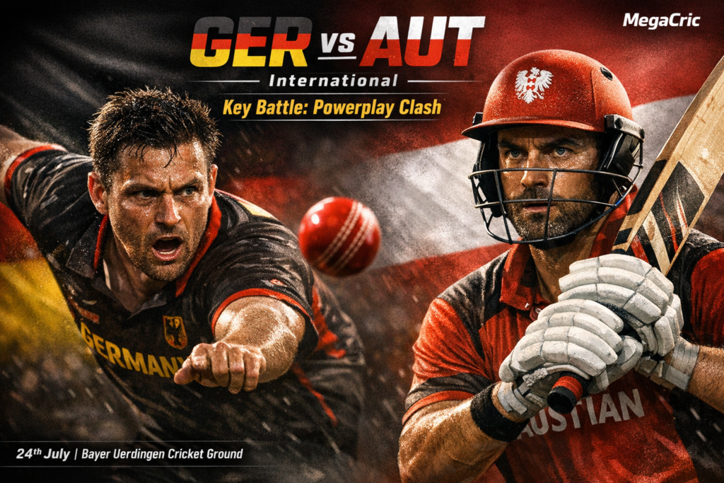Germany fast bowler and Austria top-order batter face off in dramatic tight composition, match day intensity, Bayer U...