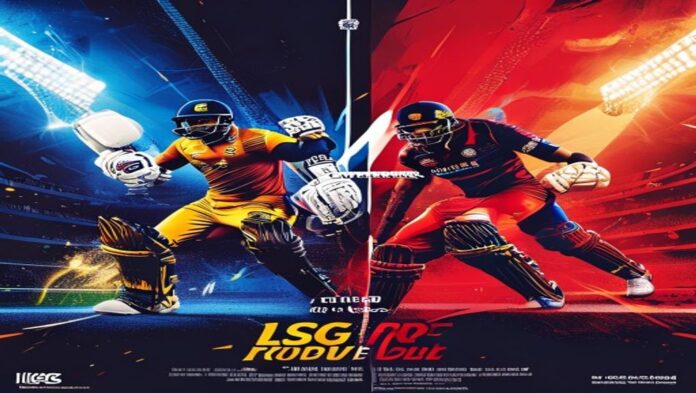 LSG vs RCB: IPL 2026 Rivalry Showdown at Lucknow Lucknow Super Giants vs Royal Challengers Bengaluru IPL 2026 rivalry poster, split-color face-off with team motifs an...