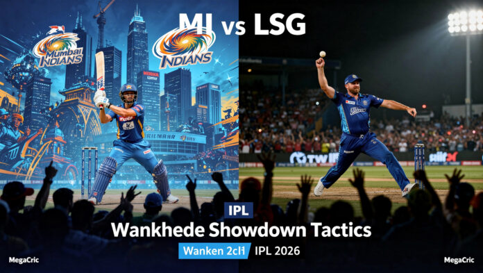 Mumbai Indians vs Lucknow Super Giants: Rivalry Showdown Poster Rivalry poster split into Mumbai Indians blue and Lucknow Super Giants blue, featuring players ready for action, vibr...