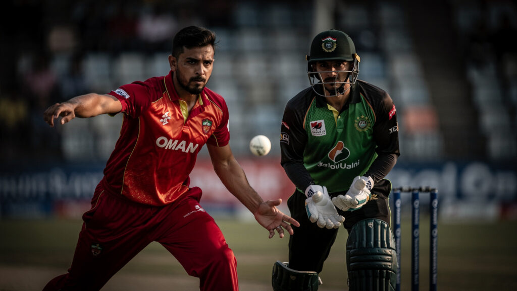 Oman bowler and UAE batter in intense face-off, dramatic close-up at Tribhuvan University International Cricket Ground.