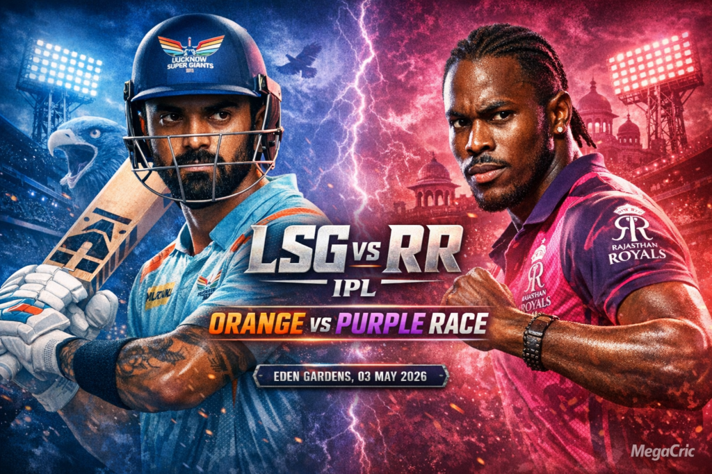 Rivalry poster showing LSG and RR stars face-to-face, vibrant team colors, IPL 2026 branding.