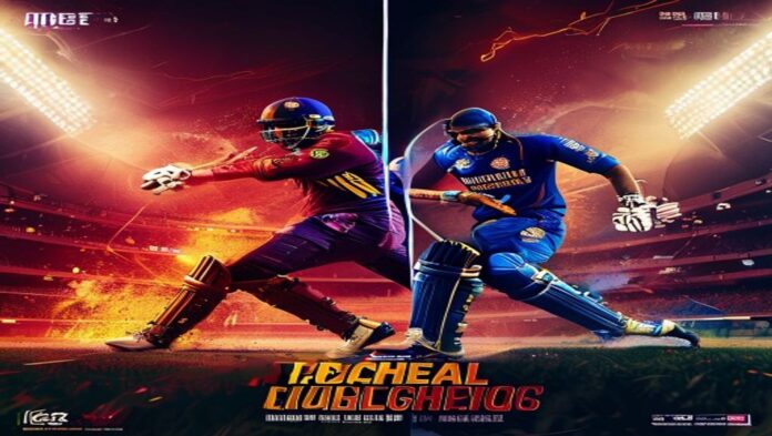 Split face-off poster with RCB and MI colors, showcasing batter vs bowler, vibrant lighting under Raipur floodlights.
