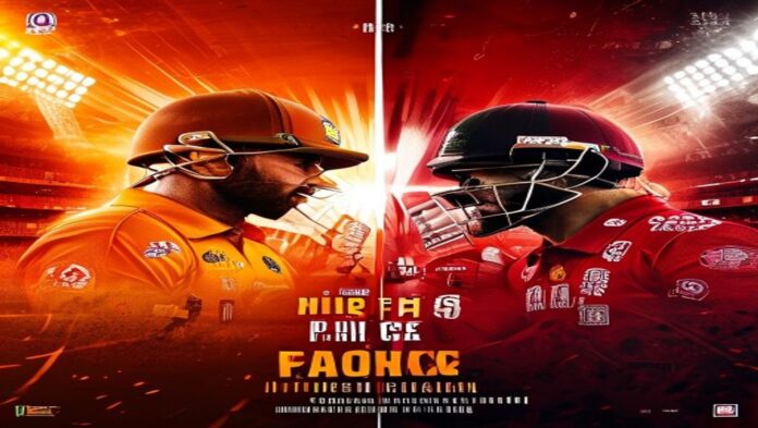 Split-poster of Sunrisers Hyderabad vs Punjab Kings with team colors, contrasting player silhouettes, and IPL brandin...